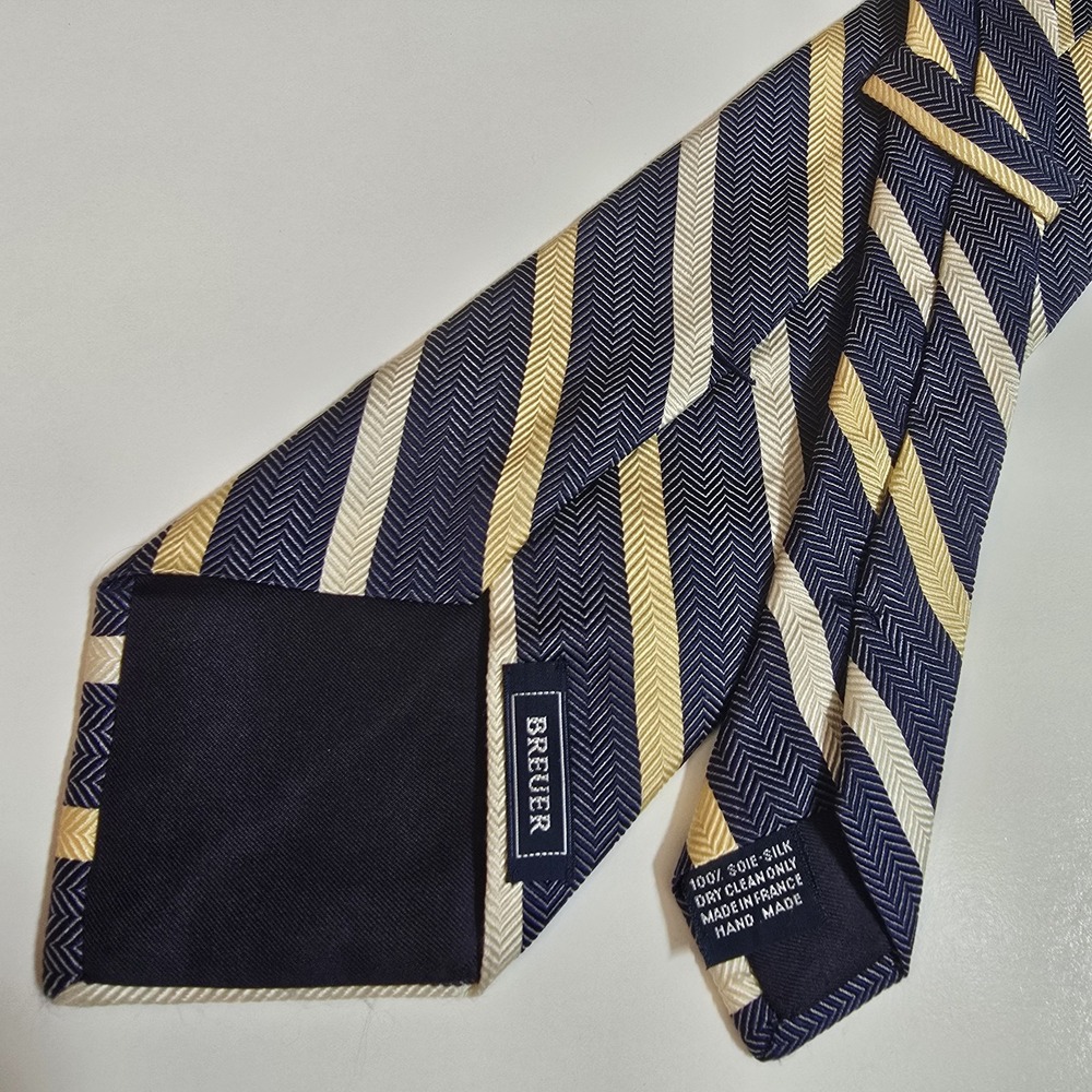 BREUER Men's Woven Silk Neck Tie 60x3.675" Gold Navy White‎ Made France Handmade - Picture 3 of 6